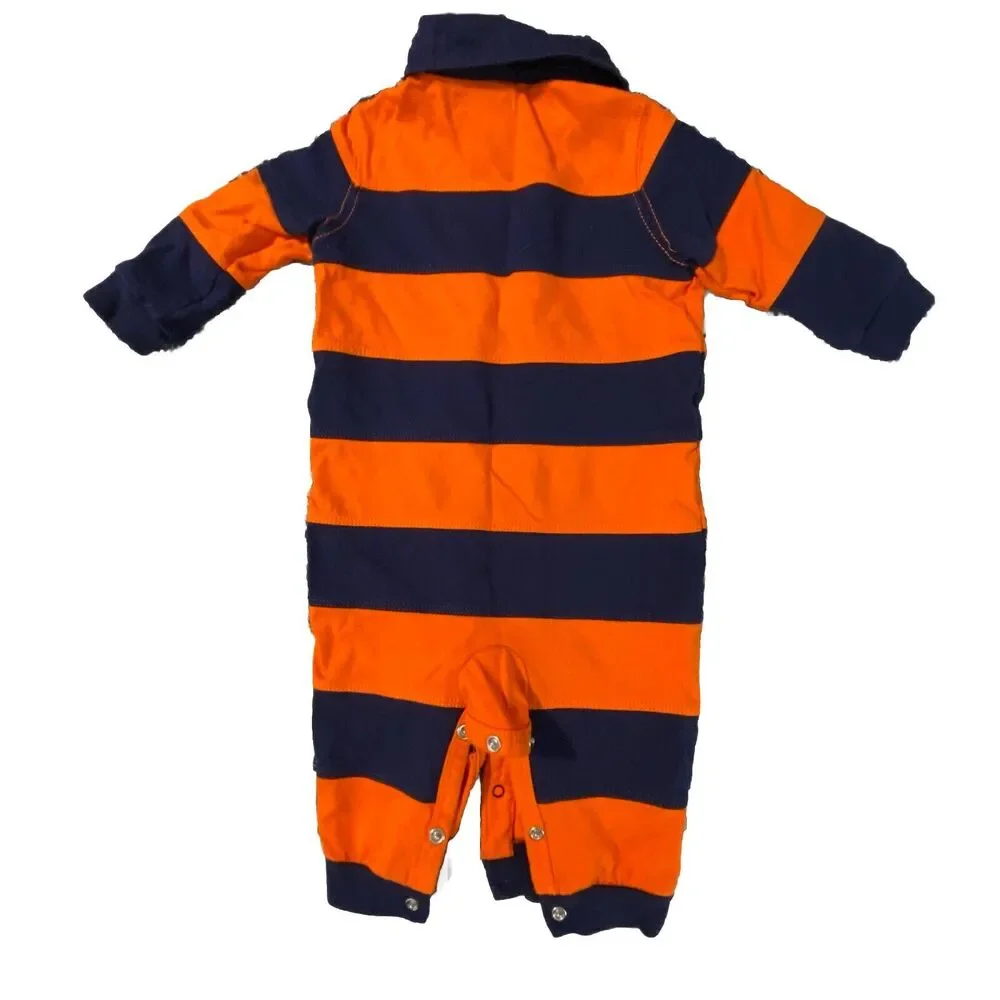 RALPH LAUREN Baby Boy 6 Months Orange Blue Striped Cotton Rugby Coverall Romper